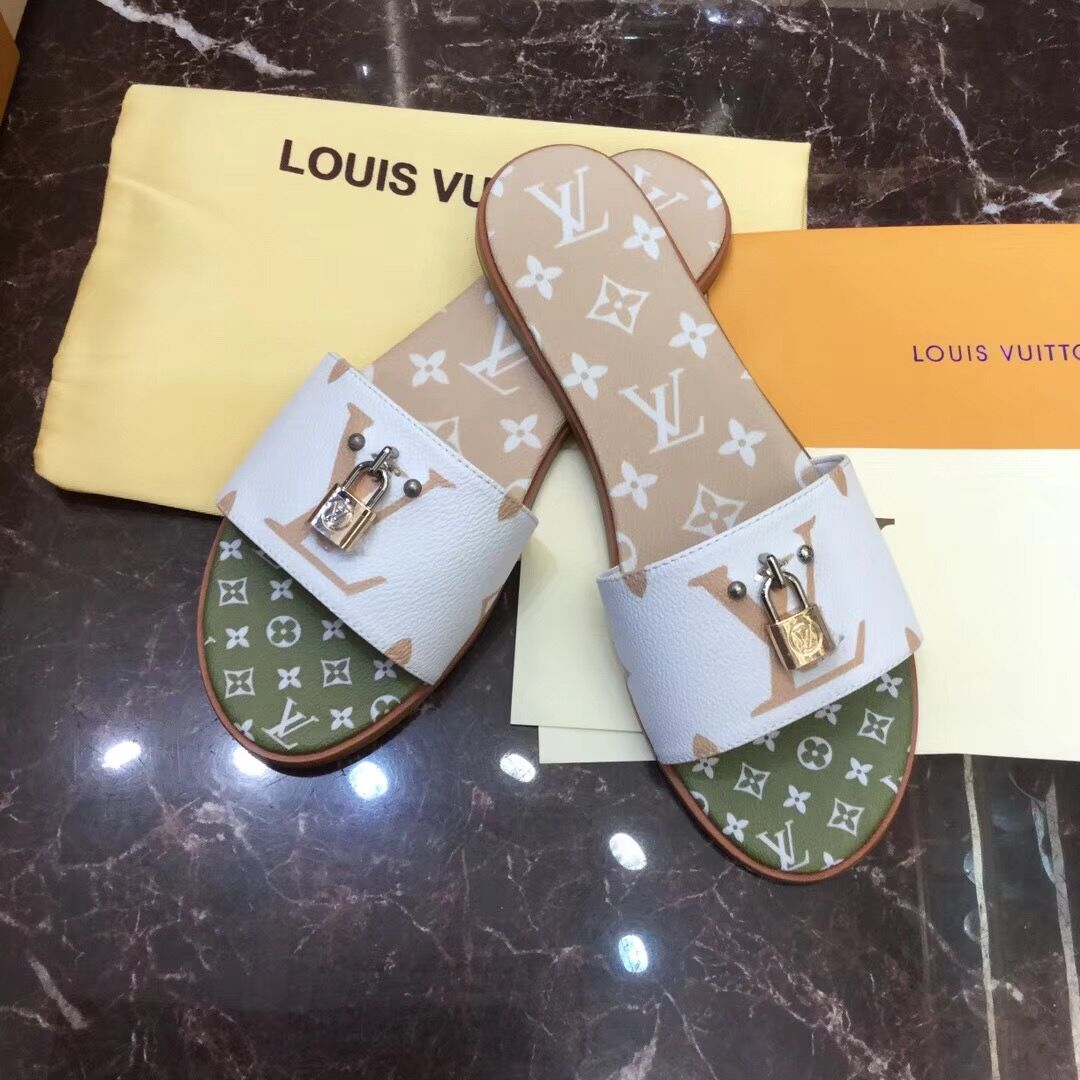 Louis Vuitton Lock It Flat Mule In White/ Moka Brown - PerfectKickZ