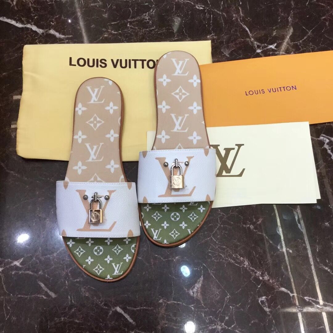 Louis Vuitton Lock It Flat Mule In White/ Moka Brown - 