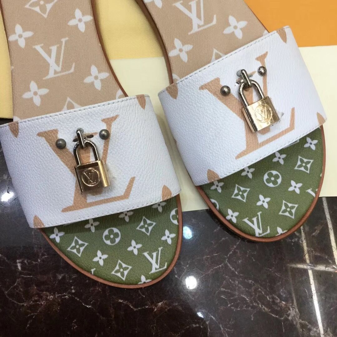 Louis Vuitton Lock It Flat Mule In White/ Moka Brown - 