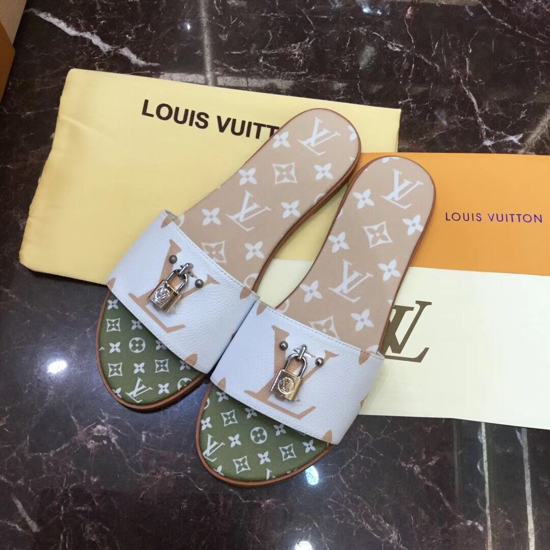 Louis Vuitton Lock It Flat Mule In White/ Moka Brown - PerfectKickZ