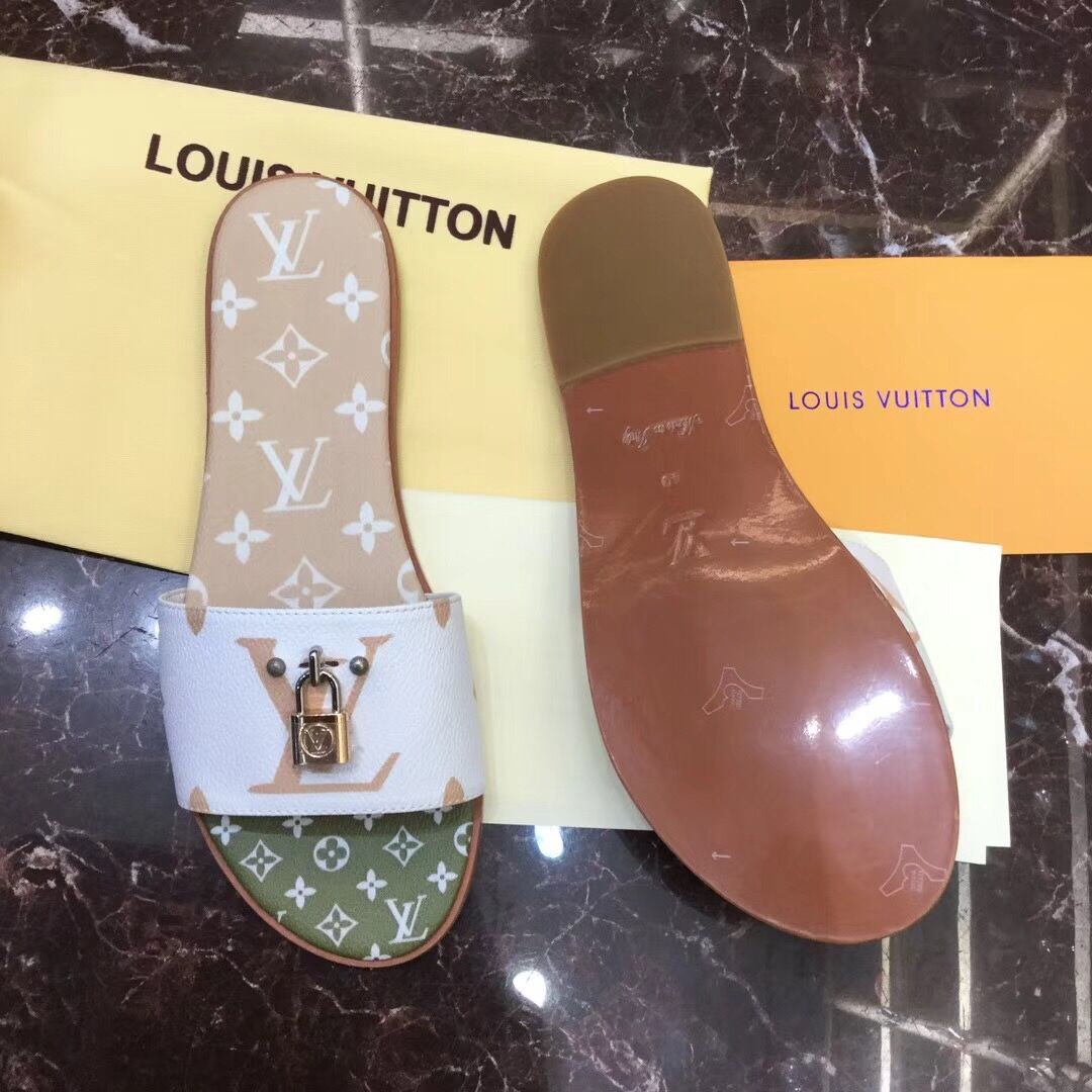 Louis Vuitton Lock It Flat Mule In White/ Moka Brown - 