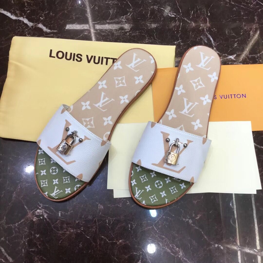 Louis Vuitton Lock It Flat Mule In White/ Moka Brown - 