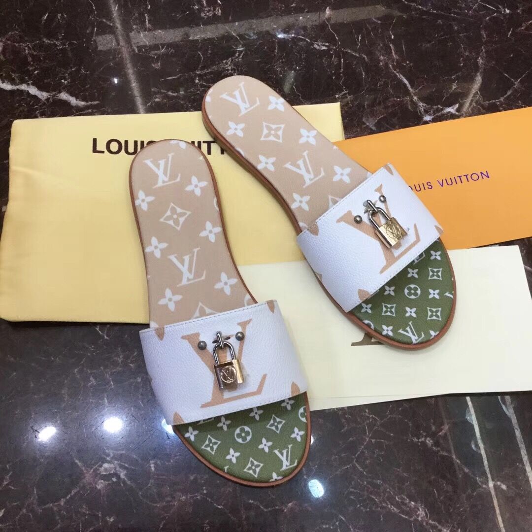 Louis Vuitton Lock It Flat Mule In White/ Moka Brown - 