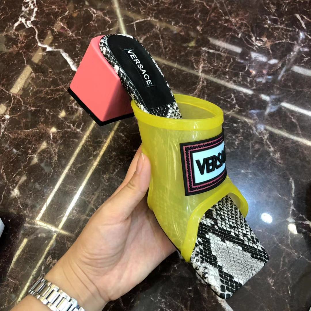 Versace 90S Vintage Logo Mid Heel Sandals (Yellow) - PerfectKickZ