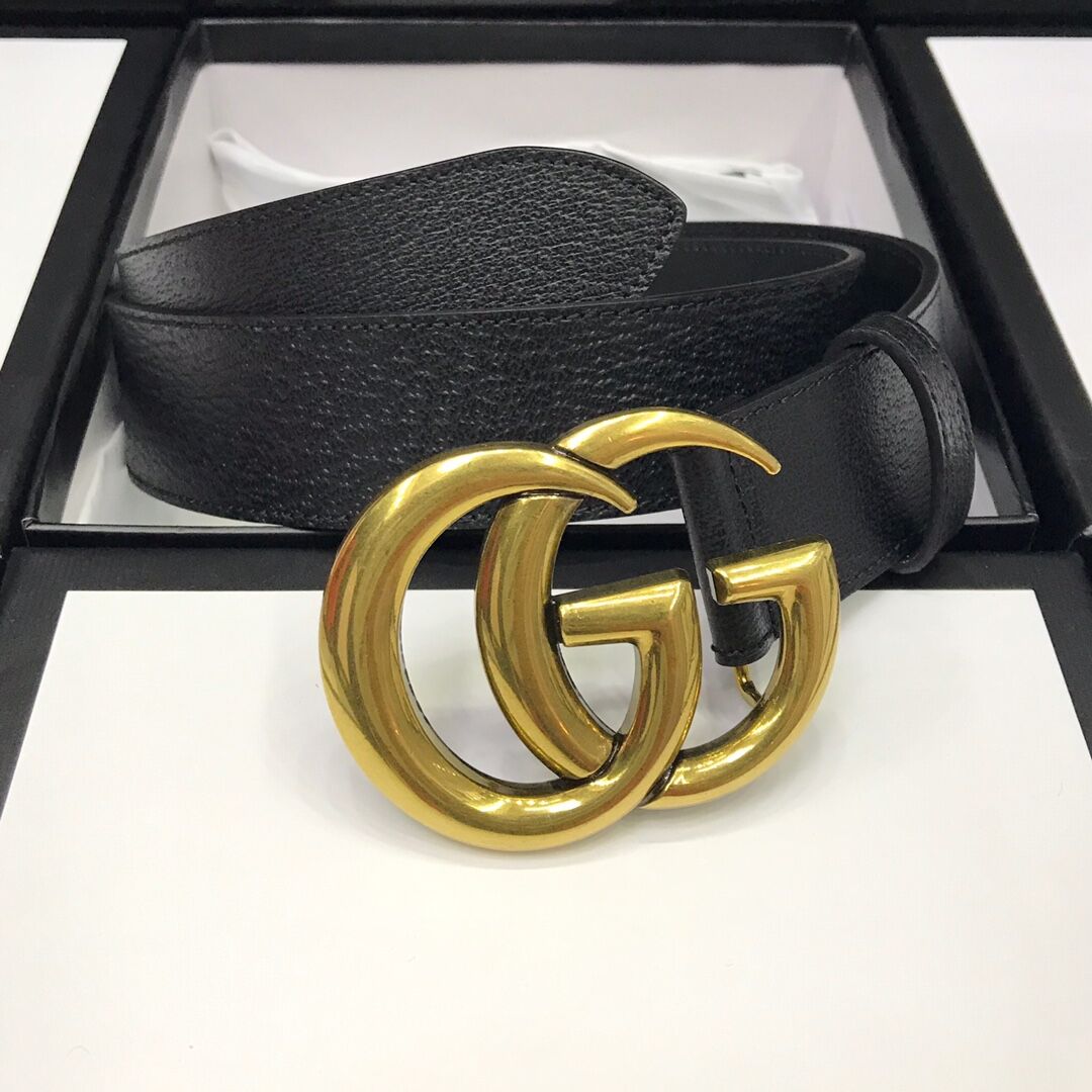 Gucci Leather Black Belt With Double G Golden Buckle  - PerfectKickZ
