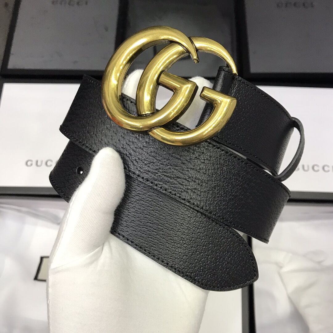 Gucci Leather Black Belt With Double G Golden Buckle  - PerfectKickZ