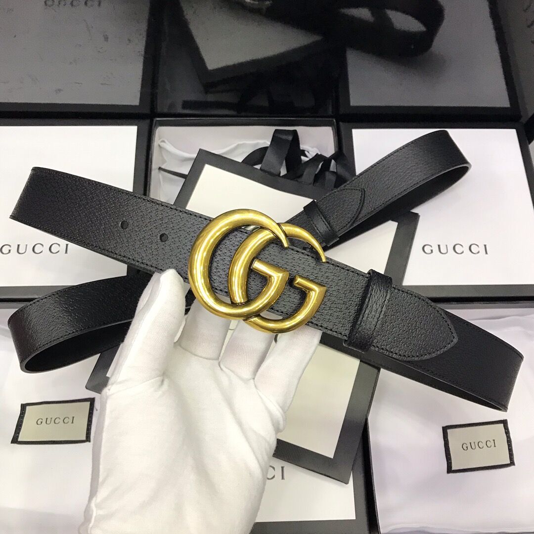 Gucci Leather Black Belt With Double G Golden Buckle  - PerfectKickZ