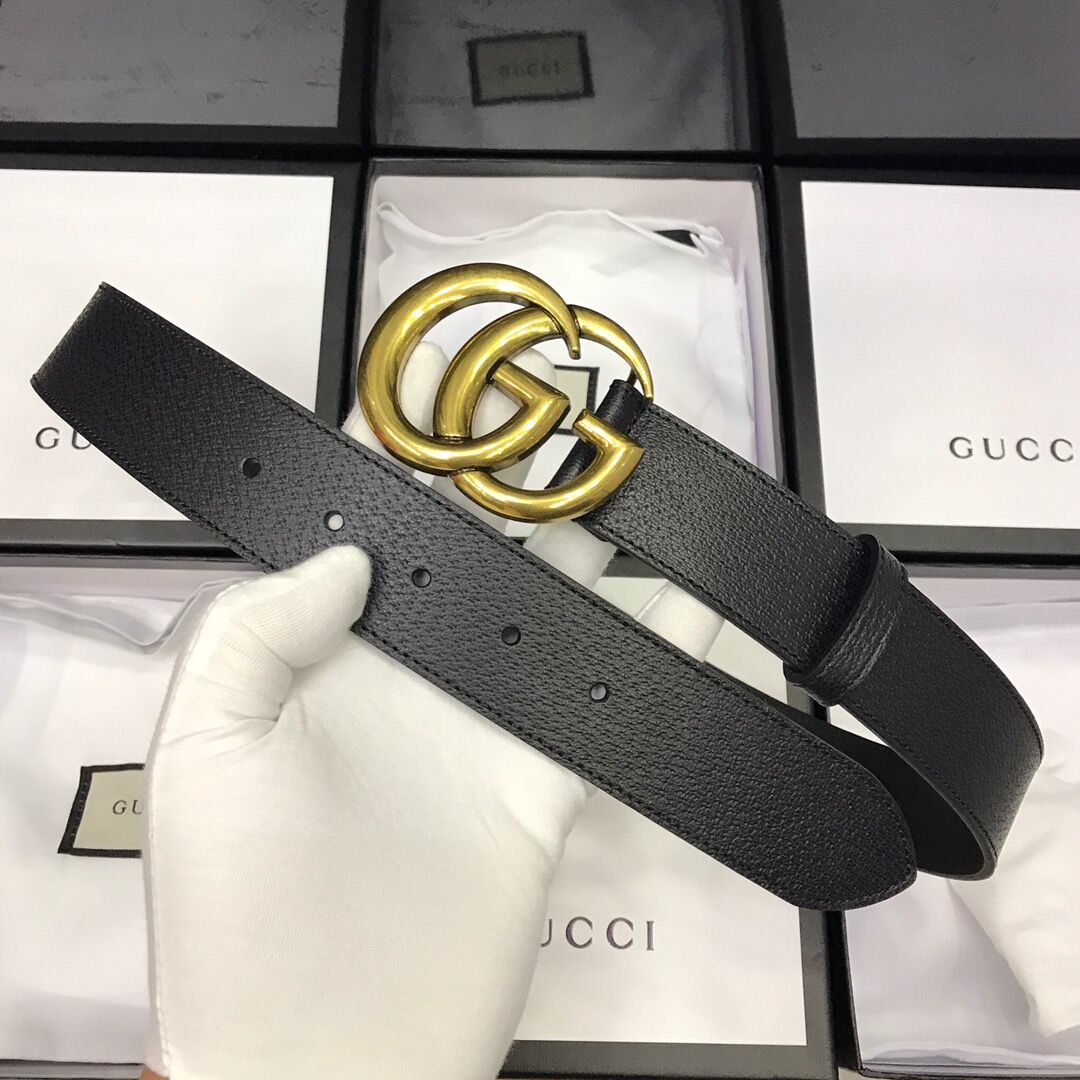 Gucci Leather Black Belt With Double G Golden Buckle  - PerfectKickZ