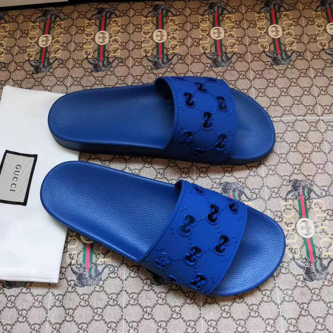 Gucci Rubber GG Slide Sandal In Blue - PerfectKickZ