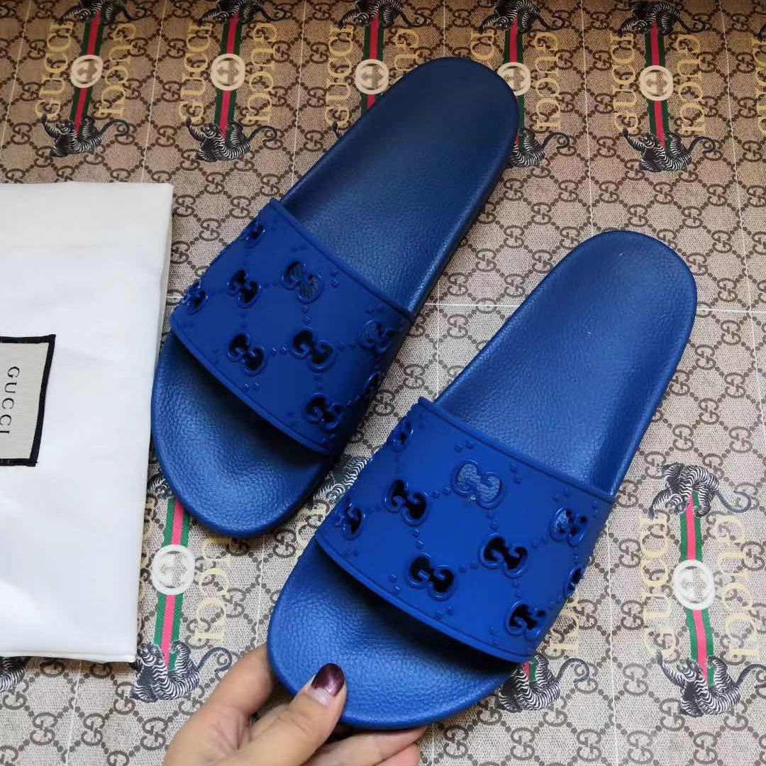 Gucci Rubber GG Slide Sandal In Blue - PerfectKickZ
