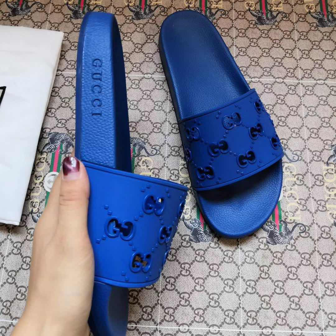 Gucci Rubber GG Slide Sandal In Blue - PerfectKickZ