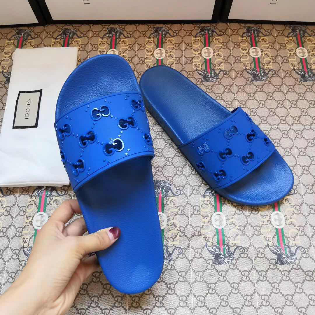 Gucci Rubber GG Slide Sandal In Blue - PerfectKickZ