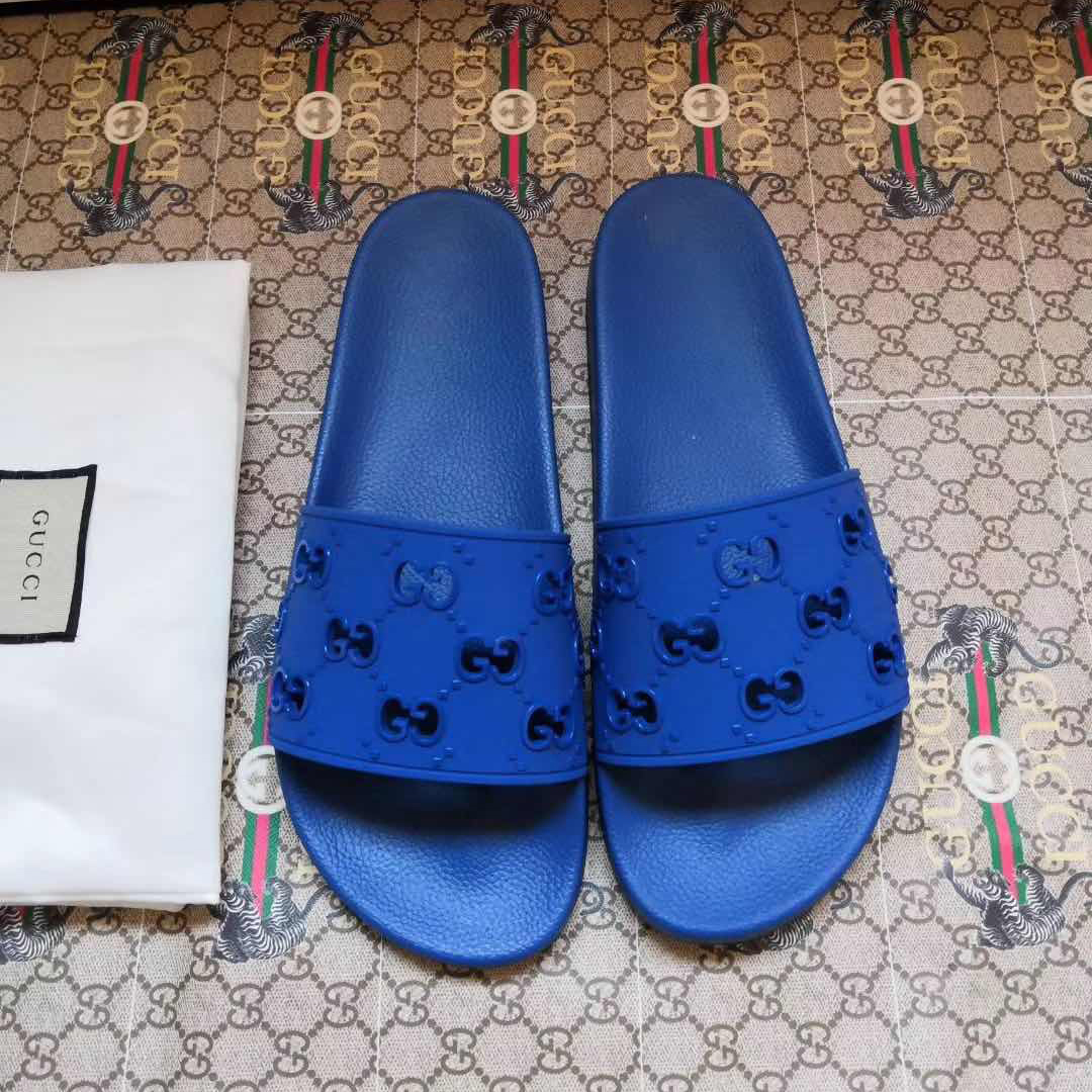 Gucci Rubber GG Slide Sandal In Blue - PerfectKickZ