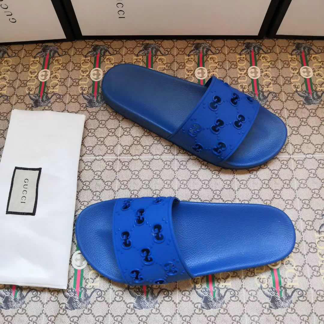 Gucci Rubber GG Slide Sandal In Blue - PerfectKickZ