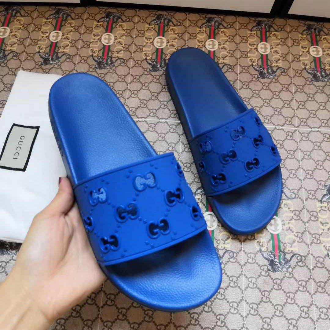 Gucci Rubber GG Slide Sandal In Blue - PerfectKickZ