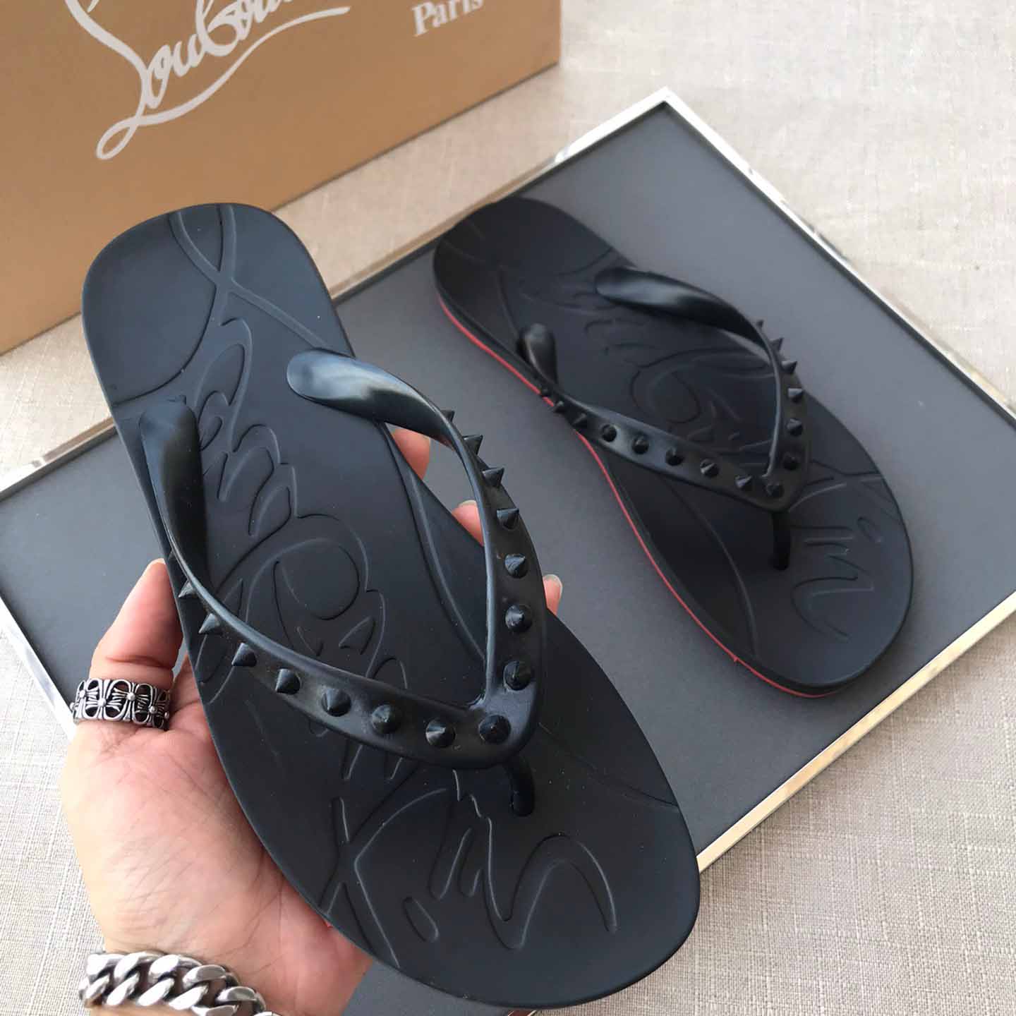 Christian Louboutin CL Loubi Flip Black PVC - PerfectKickZ