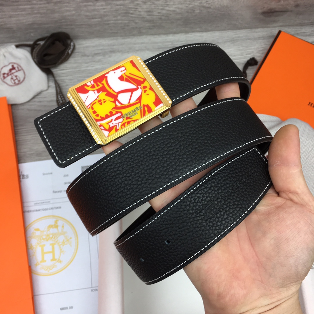 Hermes Black Leather Belt With   Enamel Buckle - 