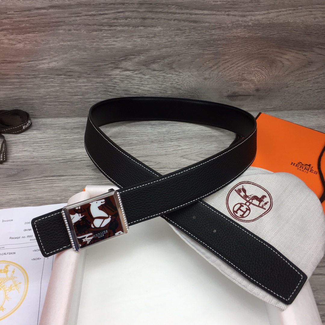 Hermes Black Leather Belt With   Enamel Buckle - PerfectKickZ