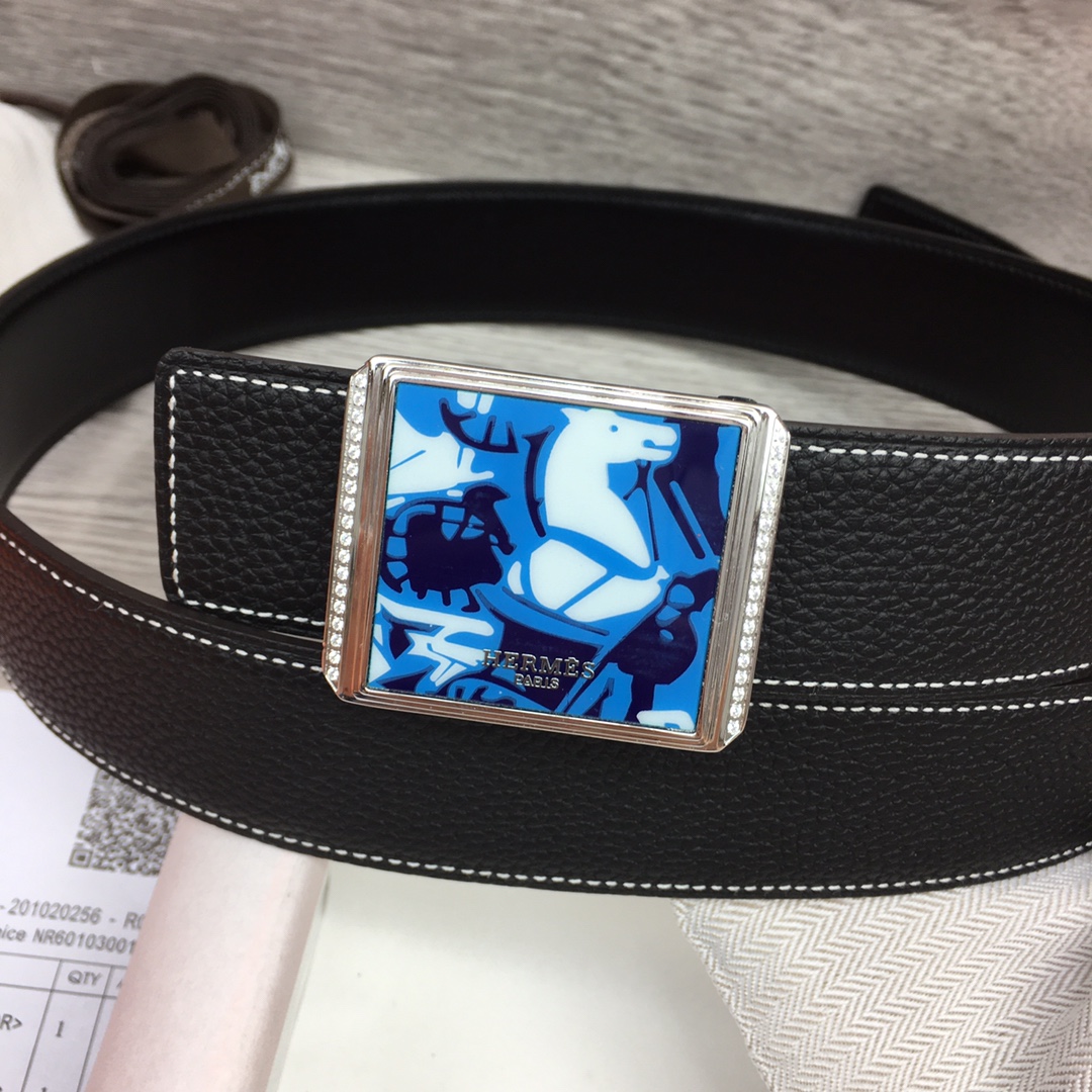 Hermes Black Leather Belt With   Enamel Buckle - PerfectKickZ