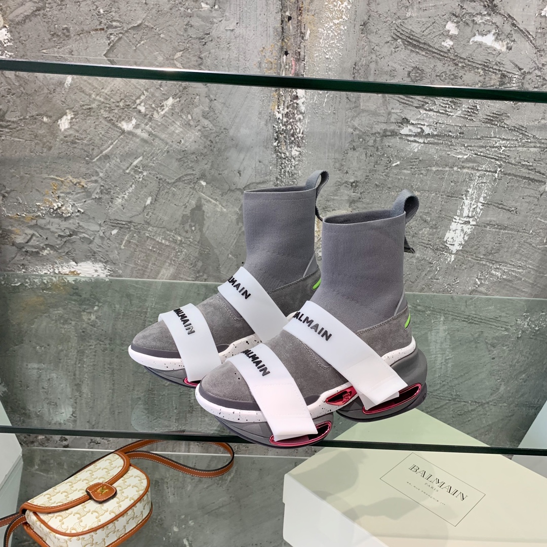 Balmain High-Top Suede And Knit Bold Sneakers  - PerfectKickZ
