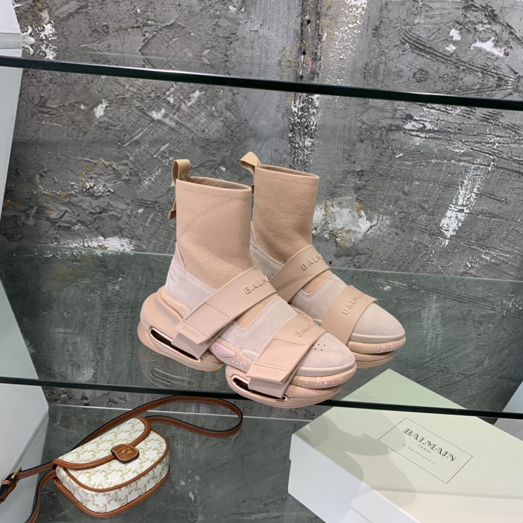 Balmain High-Top Suede And Knit Bold Sneakers  - 
