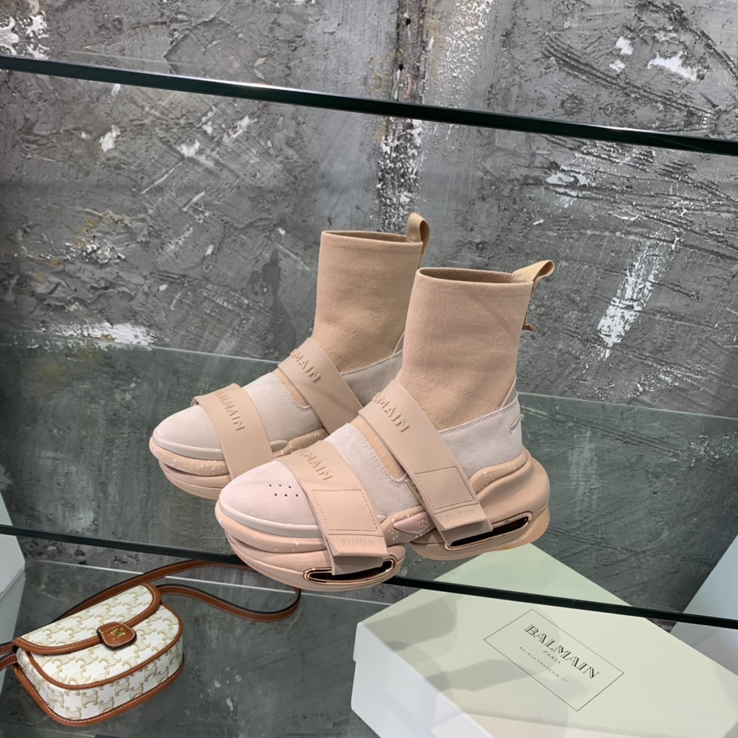 Balmain High-Top Suede And Knit Bold Sneakers  - 