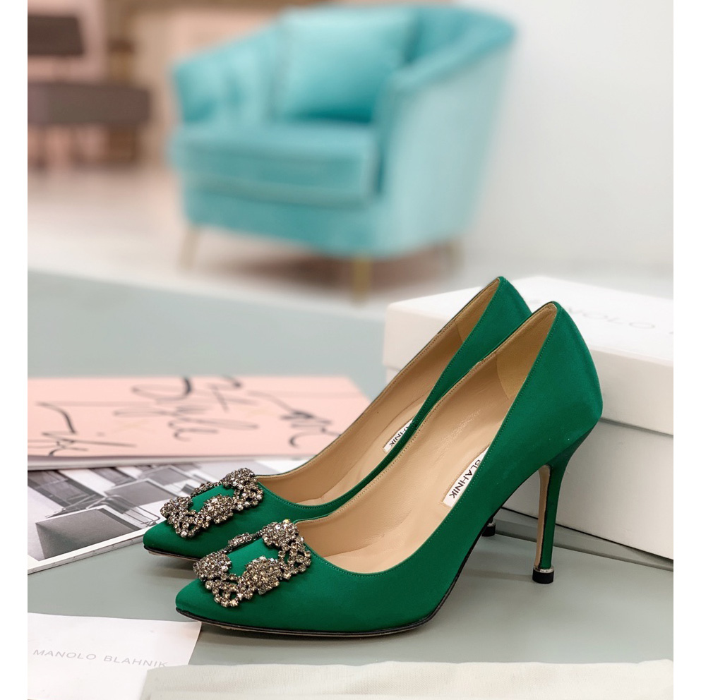 Manolo Blahnik Green Hangisi Pumps With Buckle - PerfectKickZ
