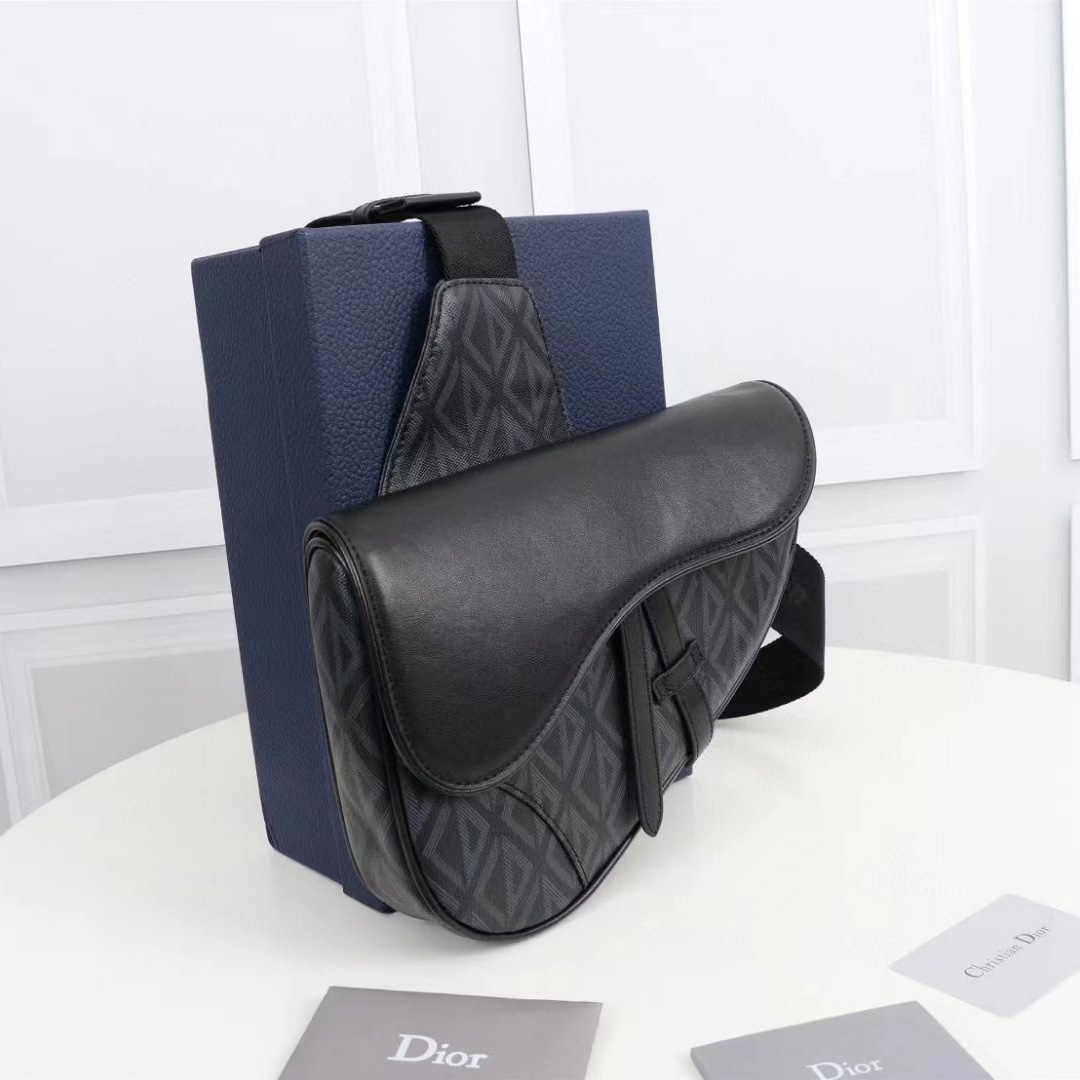 Dior Black CD Diamond Canvas And Smooth Calfskin Saddle Bag(26-19-4.5cm) - PerfectKickZ