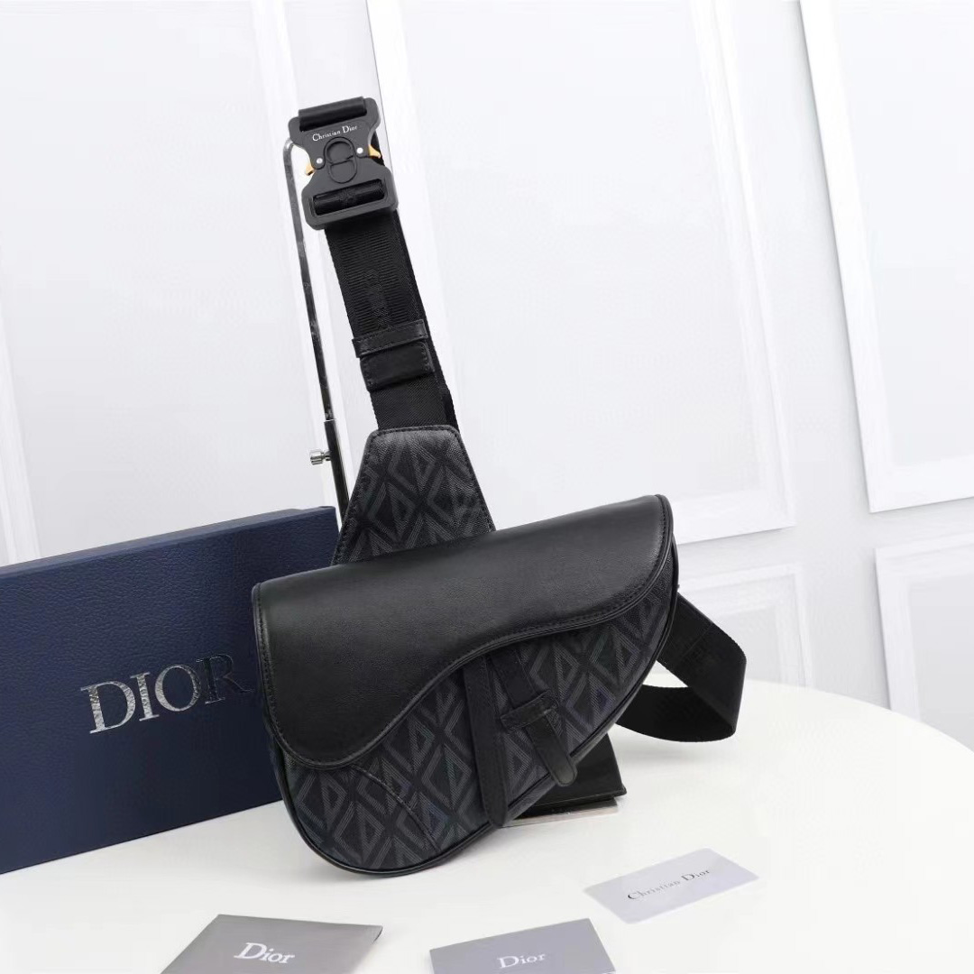 Dior Black CD Diamond Canvas And Smooth Calfskin Saddle Bag(26-19-4.5cm) - PerfectKickZ