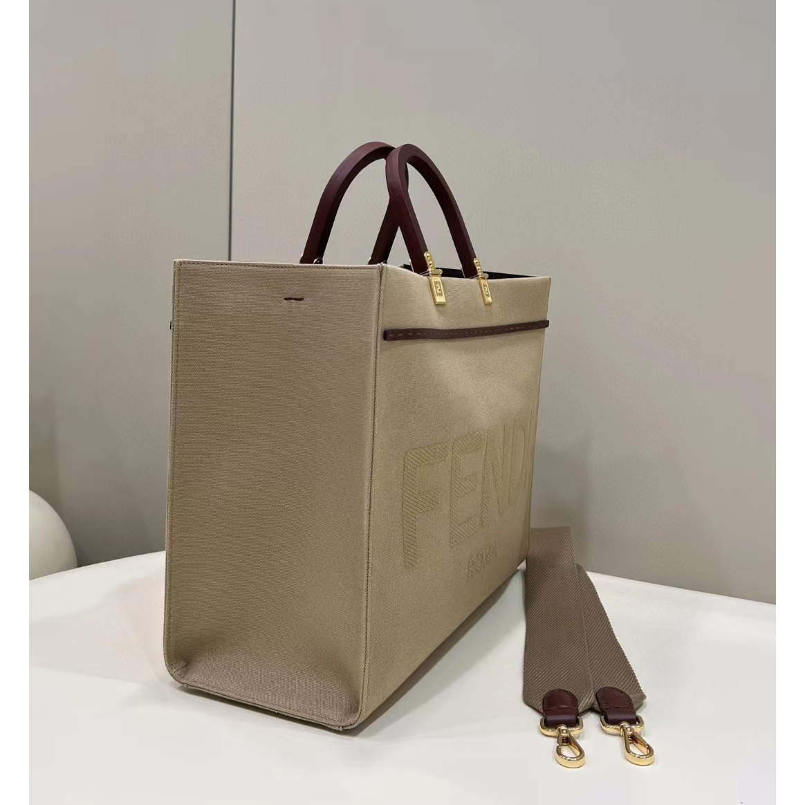 Fendi Sunshine Medium Beige Canvas Bag(35-31-17cm) - PerfectKickZ