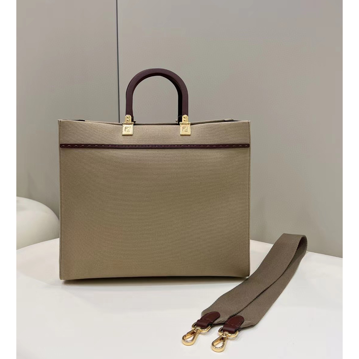 Fendi Sunshine Medium Beige Canvas Bag(35-31-17cm) - PerfectKickZ