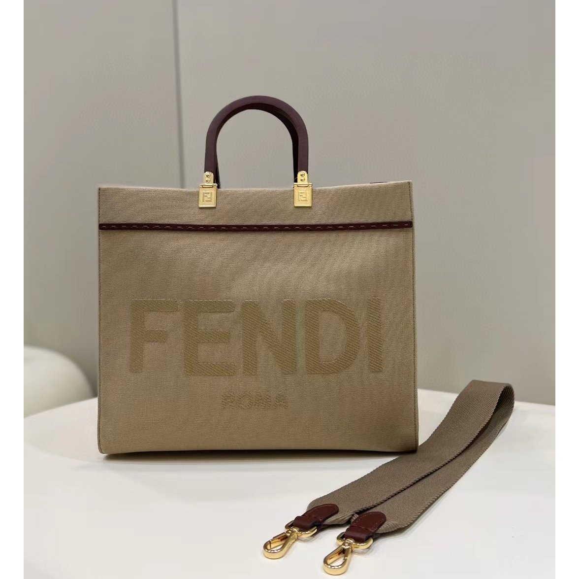 Fendi Sunshine Medium Beige Canvas Bag(35-31-17cm) - PerfectKickZ
