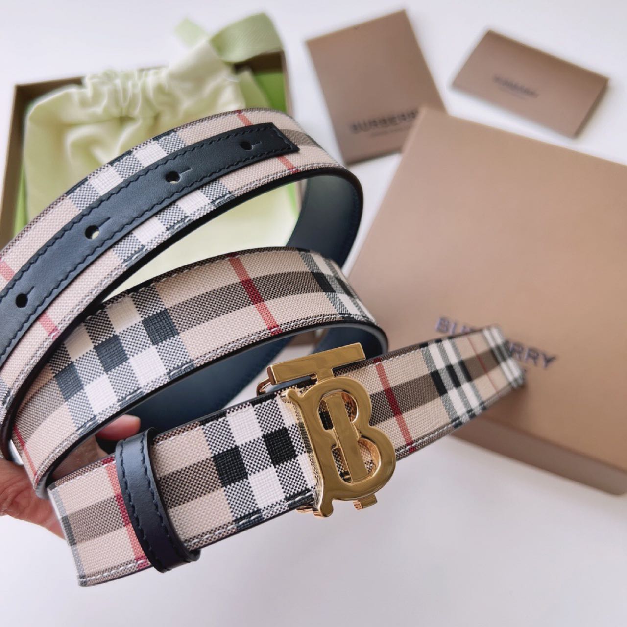 Burberry TB Monogram Vintage Check Belt - PerfectKickZ