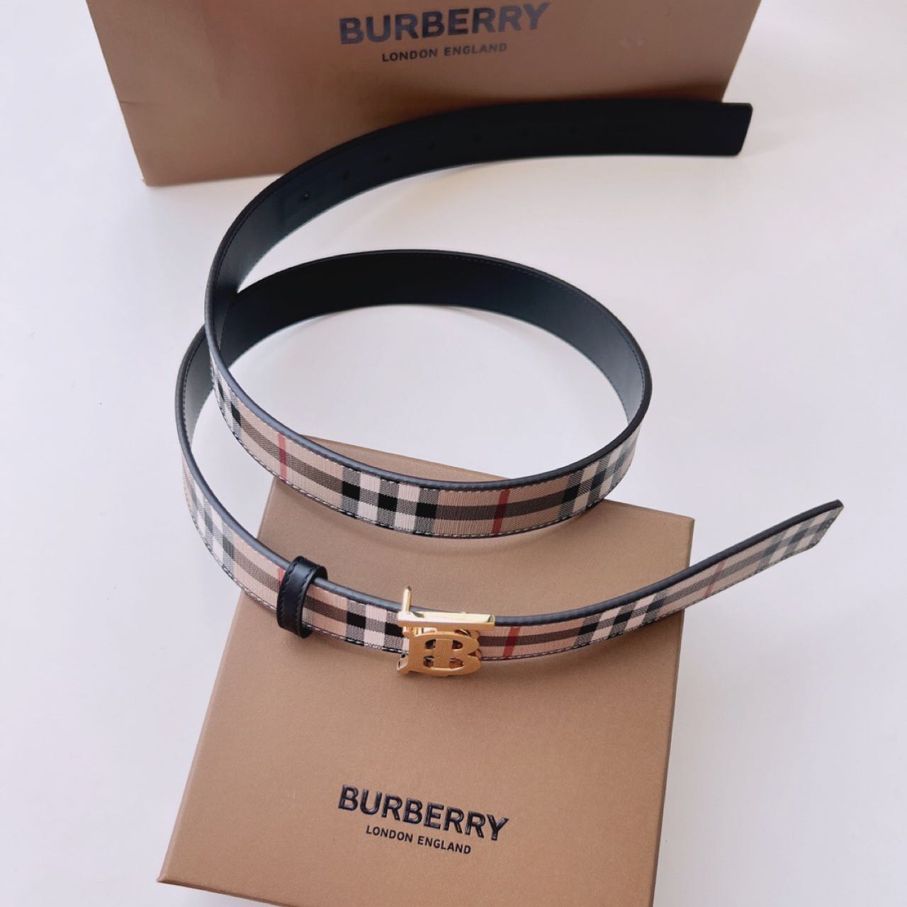 Burberry TB Monogram Vintage Check Belt - PerfectKickZ