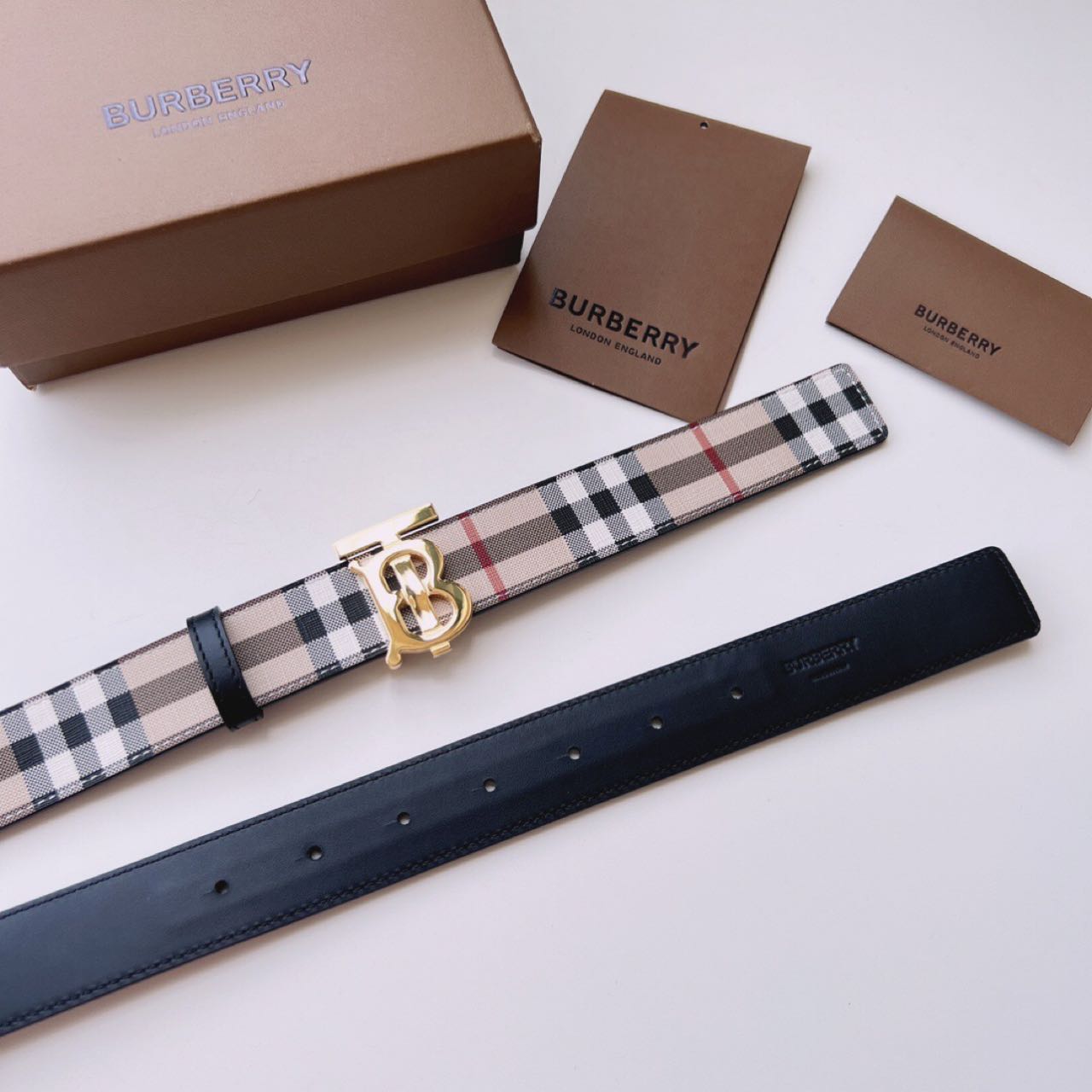 Burberry TB Monogram Vintage Check Belt - PerfectKickZ