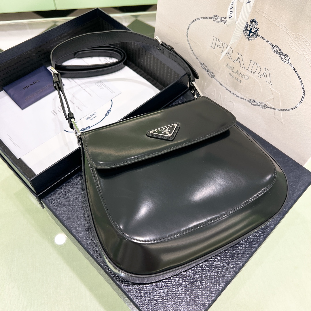 Prada Cleo Brushed Leather Shoulder Bag In Black(24-19-6cm)   1BD303 - PerfectKickZ