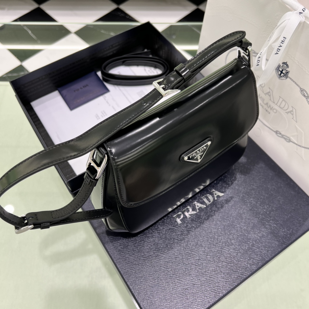Prada Cleo Brushed Leather Shoulder Bag In Black(24-19-6cm)   1BD303 - PerfectKickZ