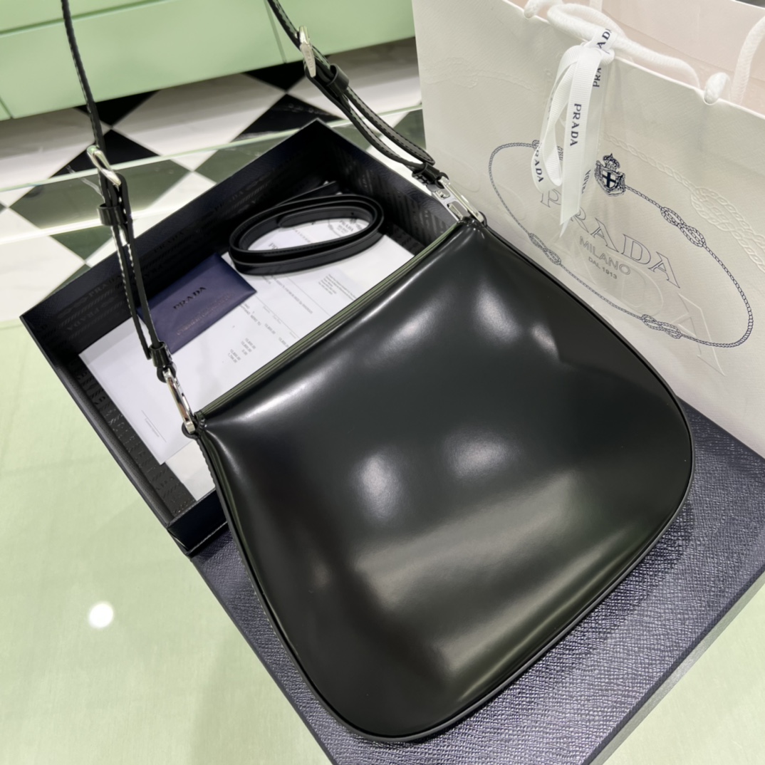 Prada Cleo Brushed Leather Shoulder Bag In Black(24-19-6cm)   1BD303 - PerfectKickZ
