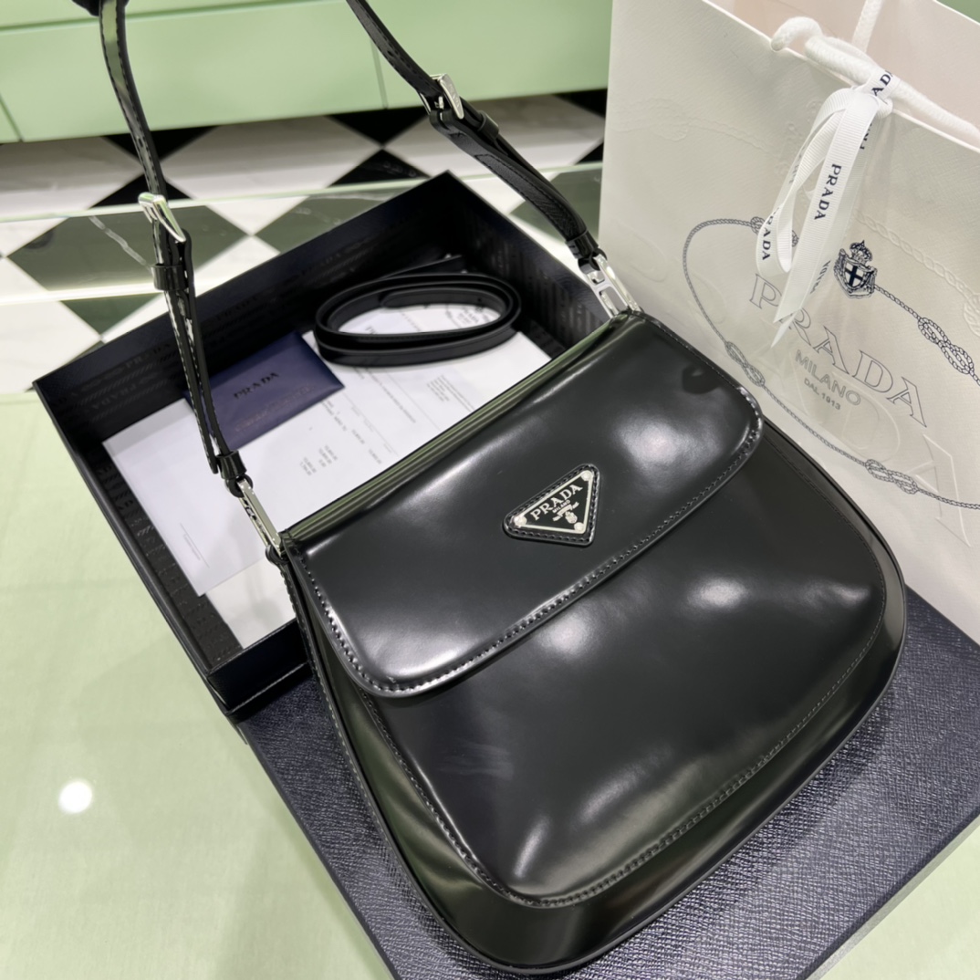 Prada Cleo Brushed Leather Shoulder Bag In Black(24-19-6cm)   1BD303 - PerfectKickZ