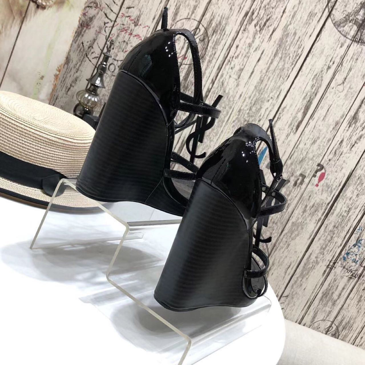 Saint Laurent Cassandra Wedge Espadrilles In Leather With Black Monogram - PerfectKickZ