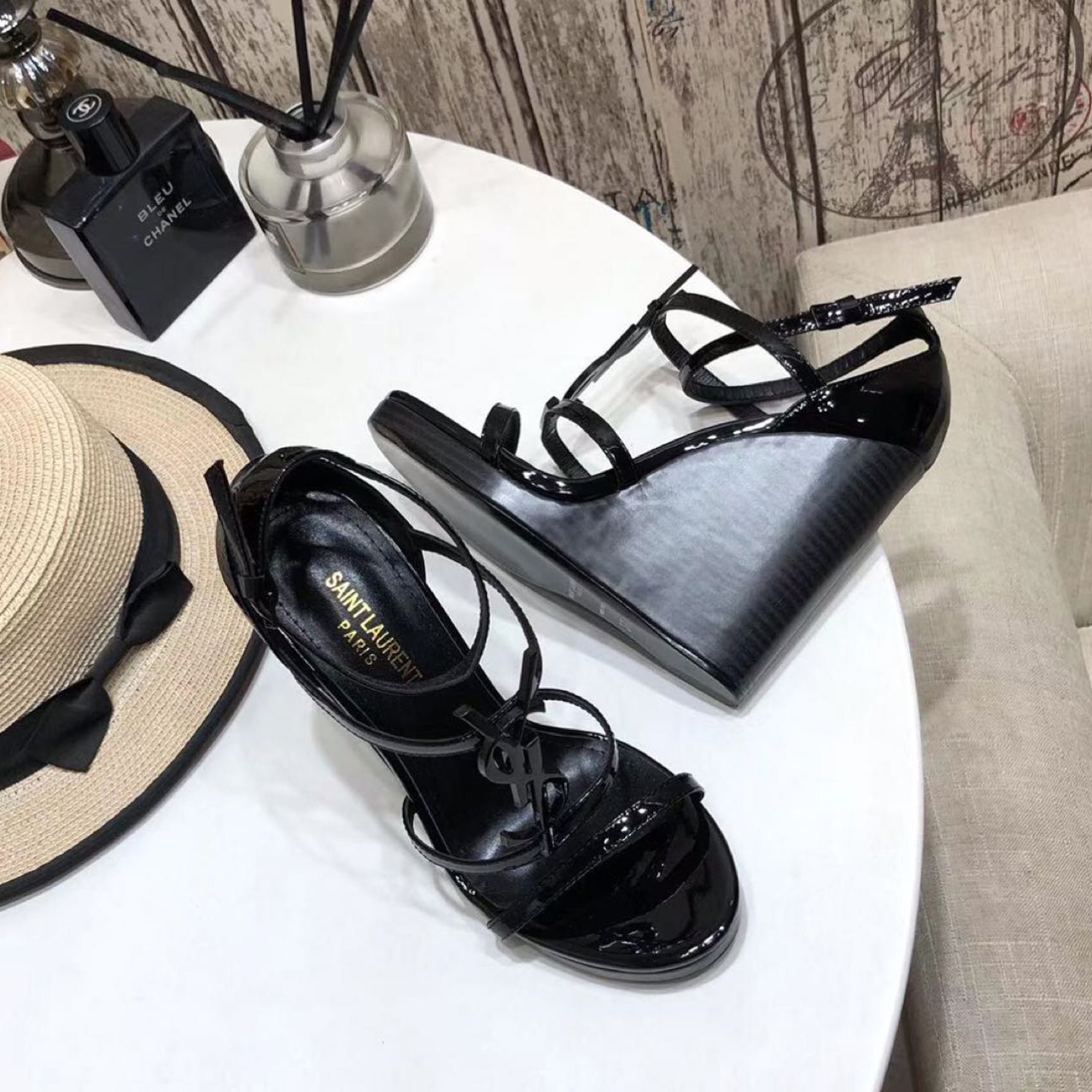 Saint Laurent Cassandra Wedge Espadrilles In Leather With Black Monogram - PerfectKickZ