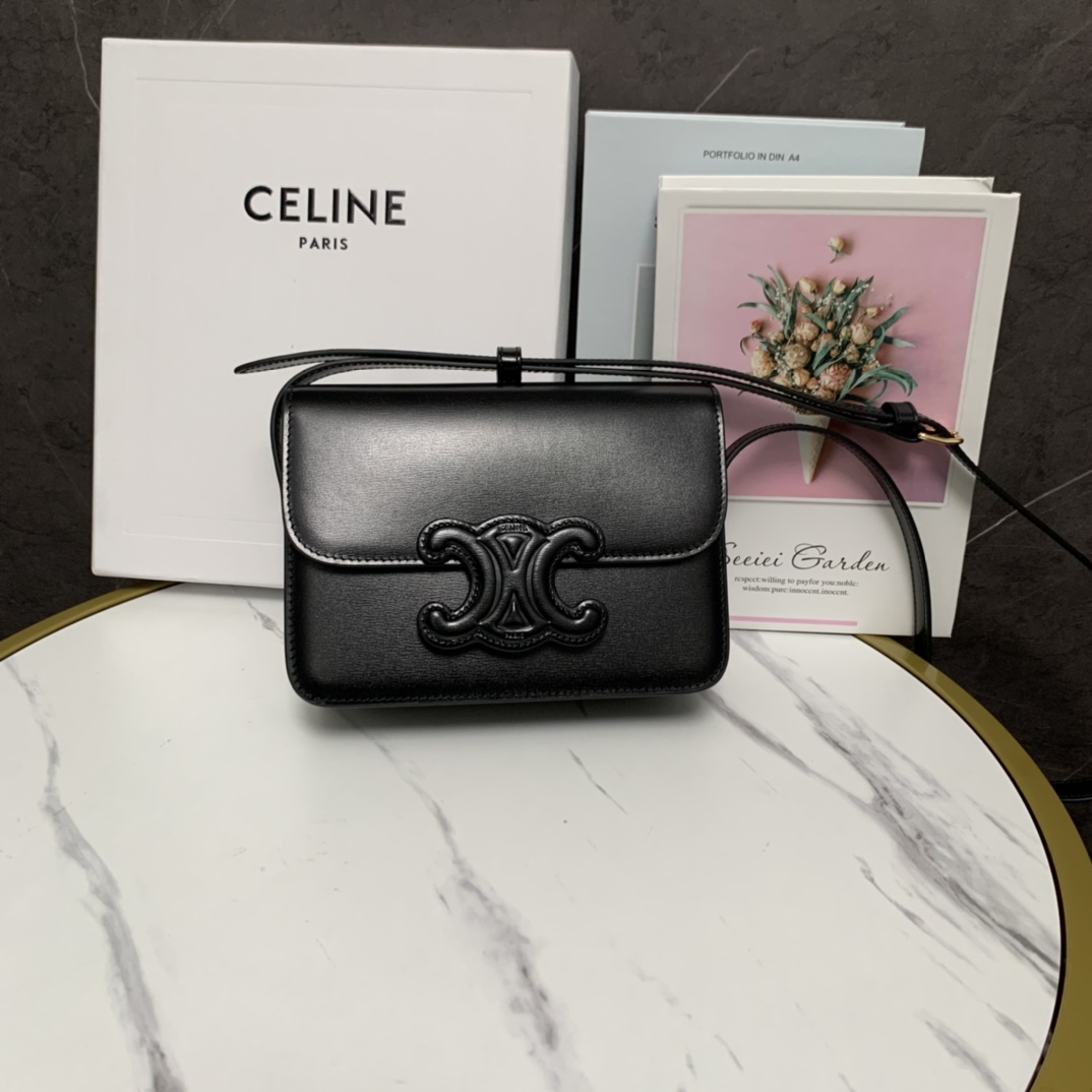 Celine Teen Bag Cuir Triomphe In Shiny Calfskin Black(18.5-14-8cm) - PerfectKickZ