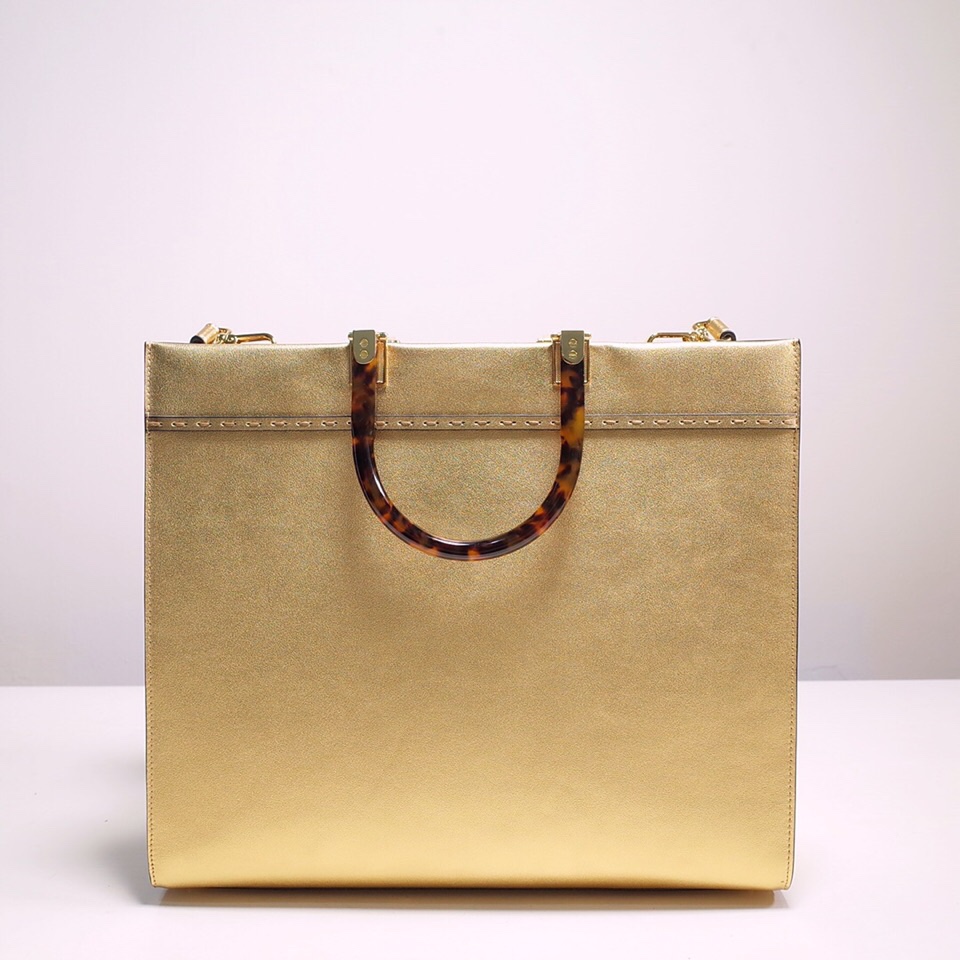 Fendi Sunshine Medium Shopper Bag In Gold Laminated Leather (35-31-17cm)  8BH386 - PerfectKickZ