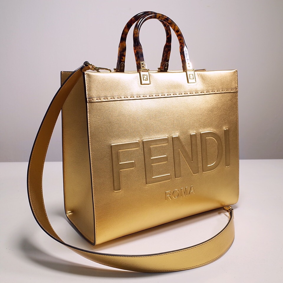 Fendi Sunshine Medium Shopper Bag In Gold Laminated Leather (35-31-17cm)  8BH386 - PerfectKickZ