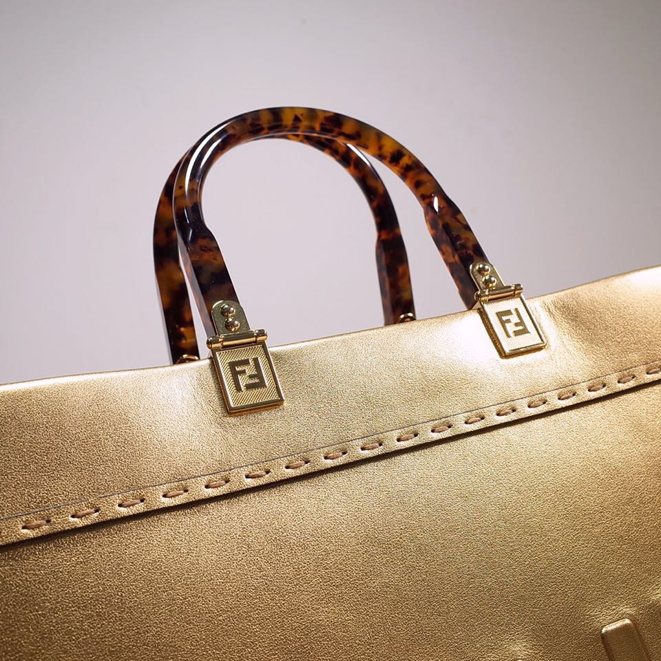 Fendi Sunshine Medium Shopper Bag In Gold Laminated Leather (35-31-17cm)  8BH386 - PerfectKickZ