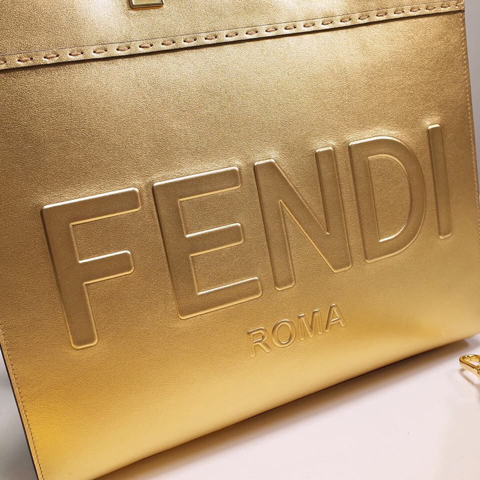 Fendi Sunshine Medium Shopper Bag In Gold Laminated Leather (35-31-17cm)  8BH386 - PerfectKickZ