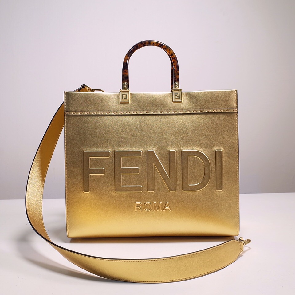 Fendi Sunshine Medium Shopper Bag In Gold Laminated Leather (35-31-17cm)  8BH386 - PerfectKickZ
