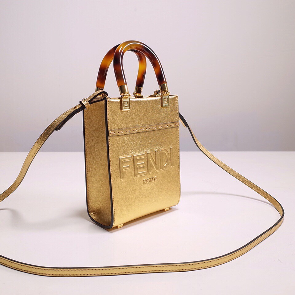 Fendi Mini Sunshine Shopper Bag In Gold Laminated Leather (13-18-6.5CM) - PerfectKickZ