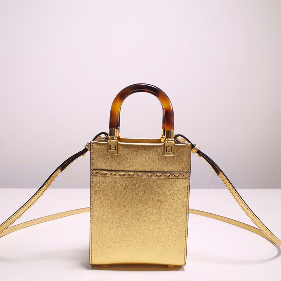 Fendi Mini Sunshine Shopper Bag In Gold Laminated Leather (13-18-6.5CM) - PerfectKickZ