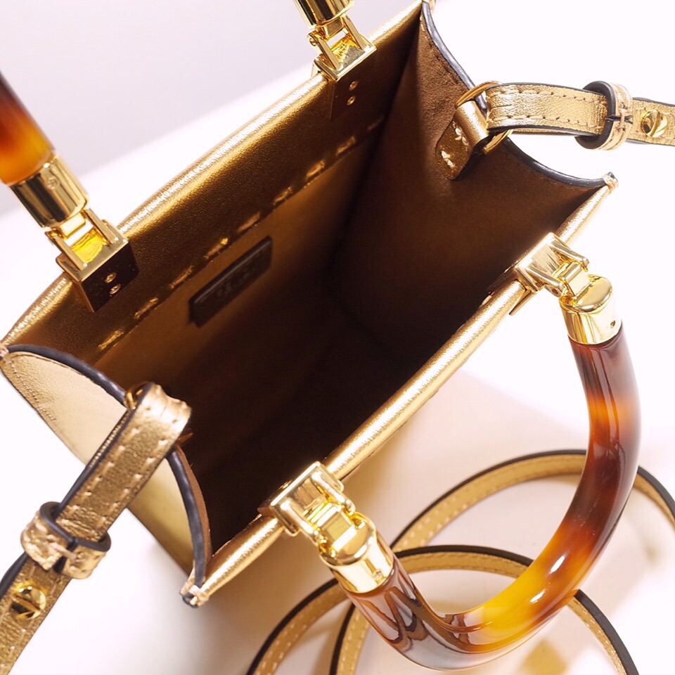 Fendi Mini Sunshine Shopper Bag In Gold Laminated Leather (13-18-6.5CM) - PerfectKickZ